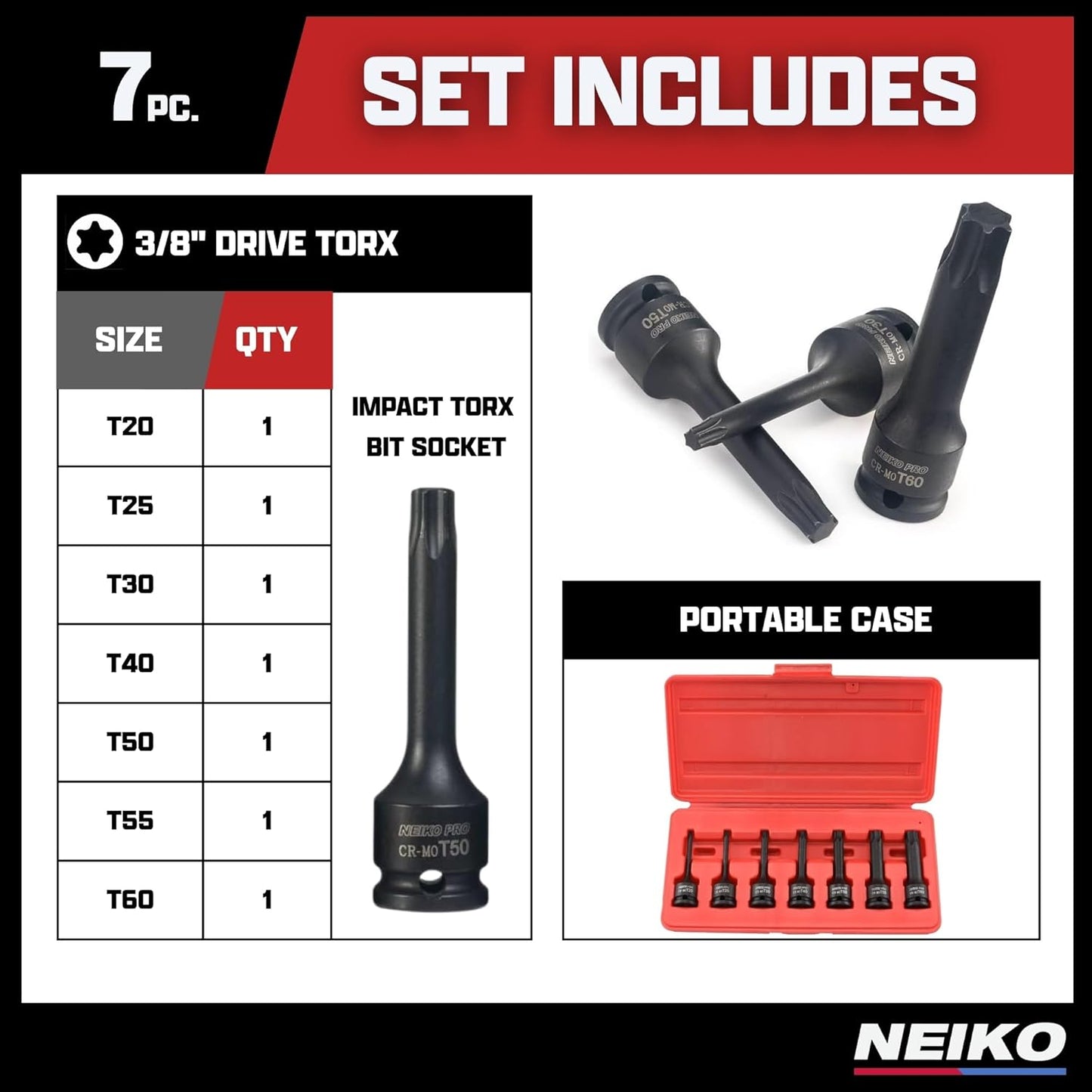 01132B 3/8” Drive Torx Star Driver Bit Socket Set | 7 Piece | T20 to T60 | 3” Length | Cr-Mo Impact Grade