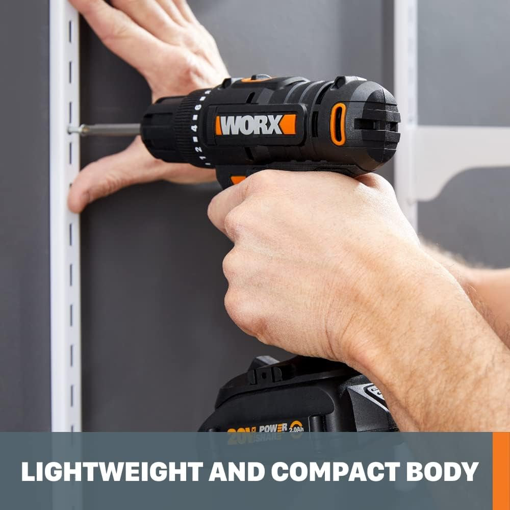 WORX Cordless Drill Driver, 20V 1/2-Inch, WX108L | 20+1 Clutch, 2-Speed Gearbox, All-Metal Gears and LED Light, 2.0Ah Battery and Charger Included, Powershare