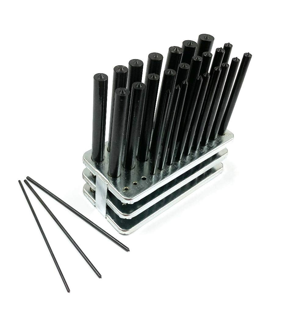 8600-0041 28-Piece Transfer Punch Set – 3/32" to 1/2" by 64Ths + 17/32", Precision Undersize .0025", Hardened Tool Steel, 4-7/8" Long, Black Oxide, Indexed Stand for Accurate Hole Transfer