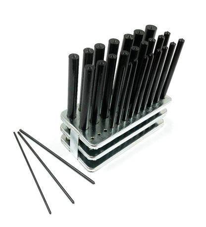 8600-0041 28-Piece Transfer Punch Set – 3/32" to 1/2" by 64Ths + 17/32", Precision Undersize .0025", Hardened Tool Steel, 4-7/8" Long, Black Oxide, Indexed Stand for Accurate Hole Transfer