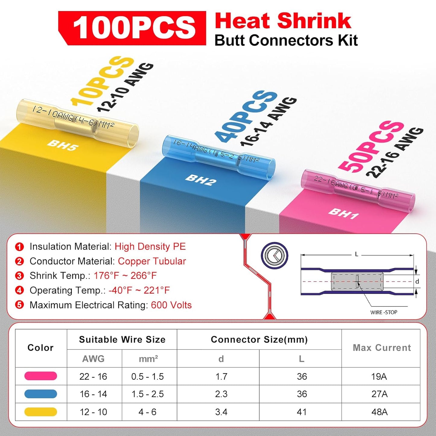 Heat Shrink Wire Butt Connector Kit Marine Waterproof Crimp Splice Terminal | ,100 Pcs