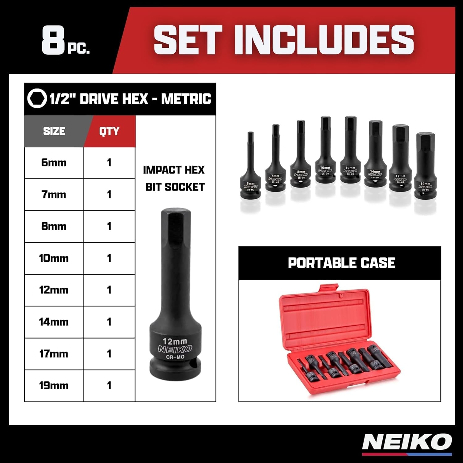 01136B 1/2-Inch Drive Allen Hex Impact Socket Set, Metric, 6 Mm - 19 Mm, Cr-Mo, 8-Piece