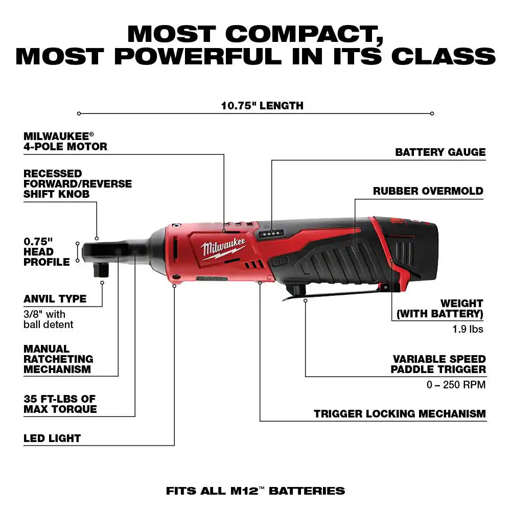 M12 12V Lithium-Ion Cordless 3/8 In. Ratchet Kit with One 1.5 Ah Battery, Charger and Tool Bag
