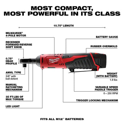 M12 12V Lithium-Ion Cordless 3/8 In. Ratchet Kit with One 1.5 Ah Battery, Charger and Tool Bag