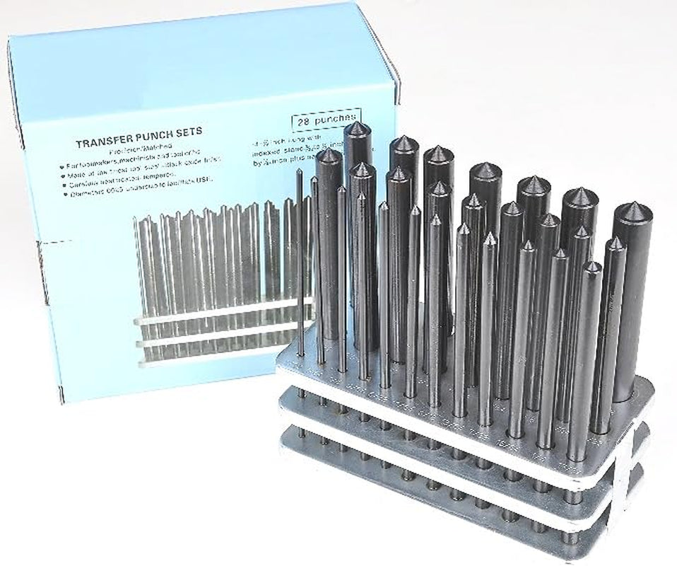 8600-0041 28-Piece Transfer Punch Set – 3/32" to 1/2" by 64Ths + 17/32", Precision Undersize .0025", Hardened Tool Steel, 4-7/8" Long, Black Oxide, Indexed Stand for Accurate Hole Transfer