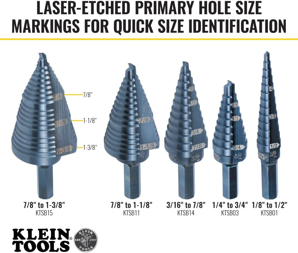 Klein Tools KTSB15 Step Drill Bit #15 Double Fluted 7/8 to 1-3/8-Inch with Easy-To-Read Step Markings and Targets, 3/8-Inch Hex Shank