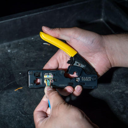 Klein Tools VDV226-107 Compact Ratcheting Modular Data Cable Crimper/Wire Stripper/Wire Cutter, CAT6, CAT5, CAT3, Flat-Satin Voice Cable