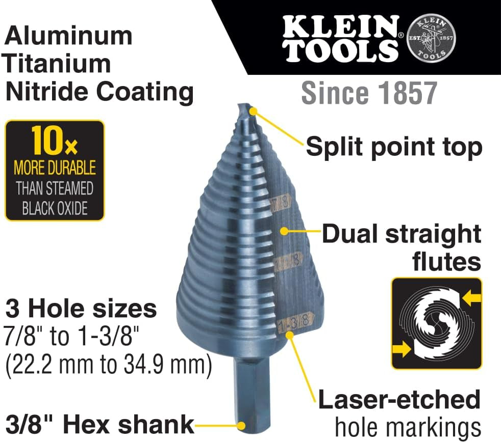Klein Tools KTSB15 Step Drill Bit #15 Double Fluted 7/8 to 1-3/8-Inch with Easy-To-Read Step Markings and Targets, 3/8-Inch Hex Shank
