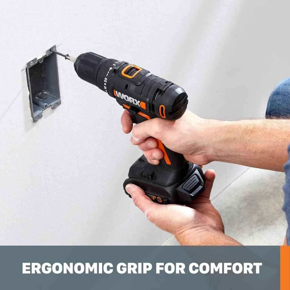 WORX Cordless Drill Driver, 20V 1/2-Inch, WX108L | 20+1 Clutch, 2-Speed Gearbox, All-Metal Gears and LED Light, 2.0Ah Battery and Charger Included, Powershare