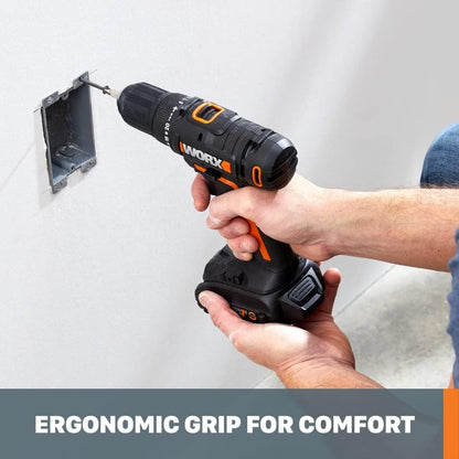WORX Cordless Drill Driver, 20V 1/2-Inch, WX108L | 20+1 Clutch, 2-Speed Gearbox, All-Metal Gears and LED Light, 2.0Ah Battery and Charger Included, Powershare