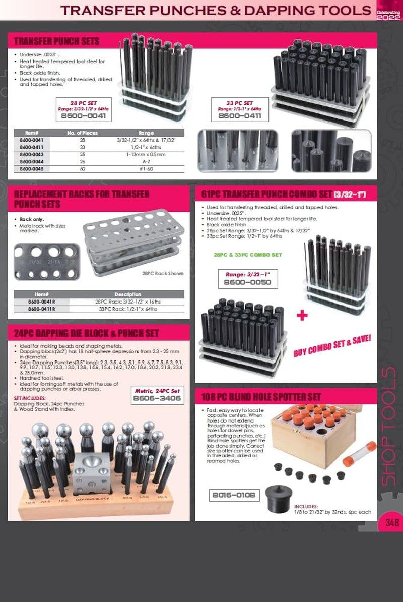 8600-0041 28-Piece Transfer Punch Set – 3/32" to 1/2" by 64Ths + 17/32", Precision Undersize .0025", Hardened Tool Steel, 4-7/8" Long, Black Oxide, Indexed Stand for Accurate Hole Transfer
