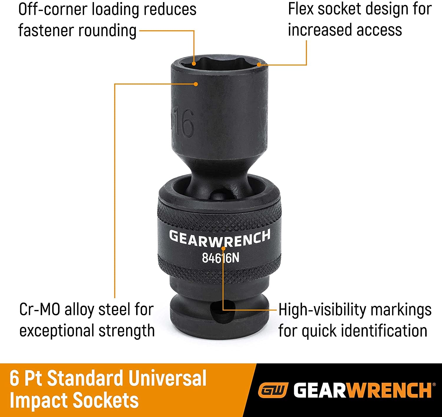 GEARWRENCH 13 Pc. 1/2" Drive 6 Pt. Standard Universal Impact Socket Set, SAE - 84938N