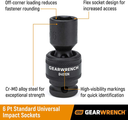 GEARWRENCH 13 Pc. 1/2" Drive 6 Pt. Standard Universal Impact Socket Set, SAE - 84938N