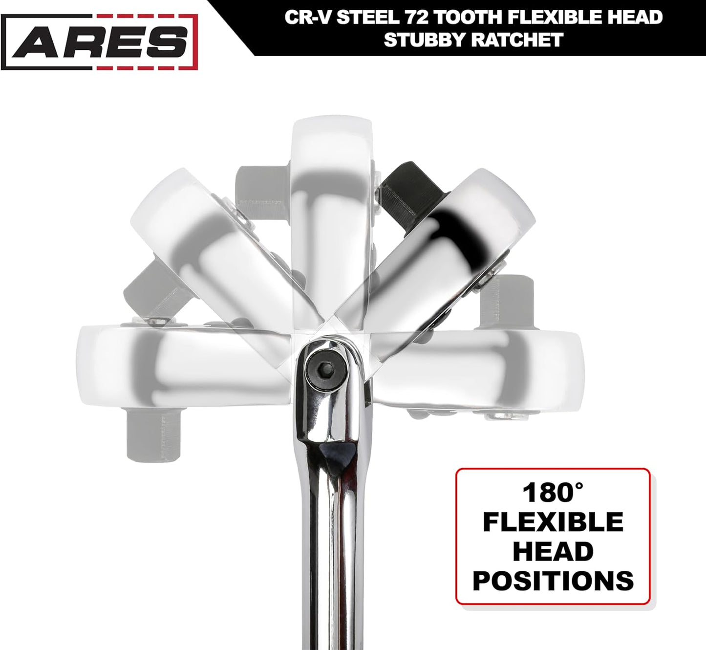 42043 Flex Head Stubby Ratchet, 1/4-Inch Drive 72-Tooth Ratchet | Premium Chrome Vanadium Steel Construction & Mirror Polish Finish