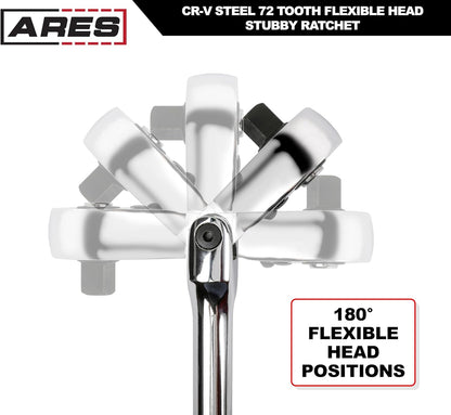 42043 Flex Head Stubby Ratchet, 1/4-Inch Drive 72-Tooth Ratchet | Premium Chrome Vanadium Steel Construction & Mirror Polish Finish