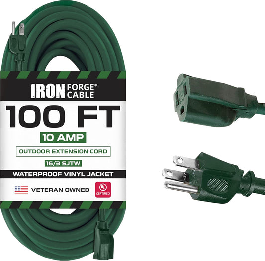 Green Outdoor Extension Cord 100 FT - 16/3 SJTW Weatherproof Long Extension Cord for outside with 3 Prong - 16 Gauge 100 Foot for Yard, Gardens, Landscaping - UL Listed | 16/3 SJTW Cable, 3 Prong Grounded Plug, 13 Amp - for Landscaping, Leaf Blowers, Lights, Appliances