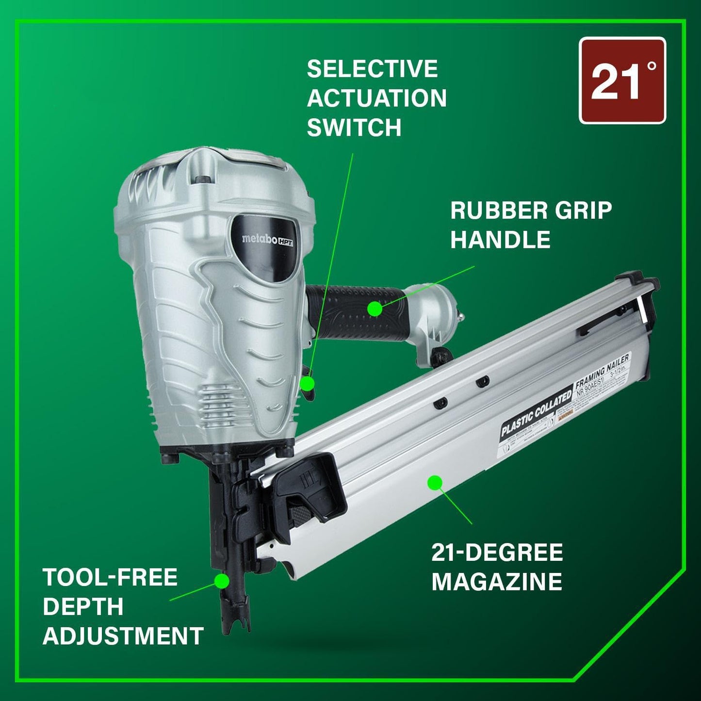 Metabo HPT Framing Nailer, Pro-Preferred Power Nailer for Flooring, Roof Decking, and More, Lightweight 7.5 Lbs Framing Tool for 21° 2" to 3-1/2" Plastic Collated Nails, NR90AES1 | Pro-Preferred Lightweight 7.5 Lbs Power Tool, Roof Decking and Flooring Use, Drives 2 to 3.5 Inch Nails