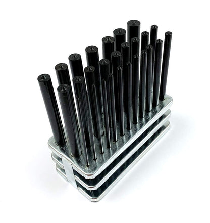 8600-0041 28-Piece Transfer Punch Set – 3/32" to 1/2" by 64Ths + 17/32", Precision Undersize .0025", Hardened Tool Steel, 4-7/8" Long, Black Oxide, Indexed Stand for Accurate Hole Transfer
