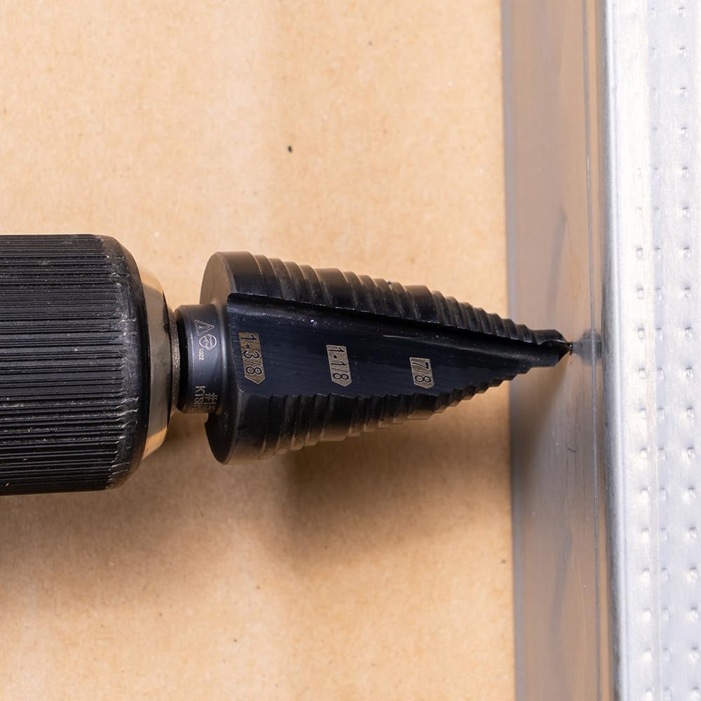 Klein Tools KTSB15 Step Drill Bit #15 Double Fluted 7/8 to 1-3/8-Inch with Easy-To-Read Step Markings and Targets, 3/8-Inch Hex Shank