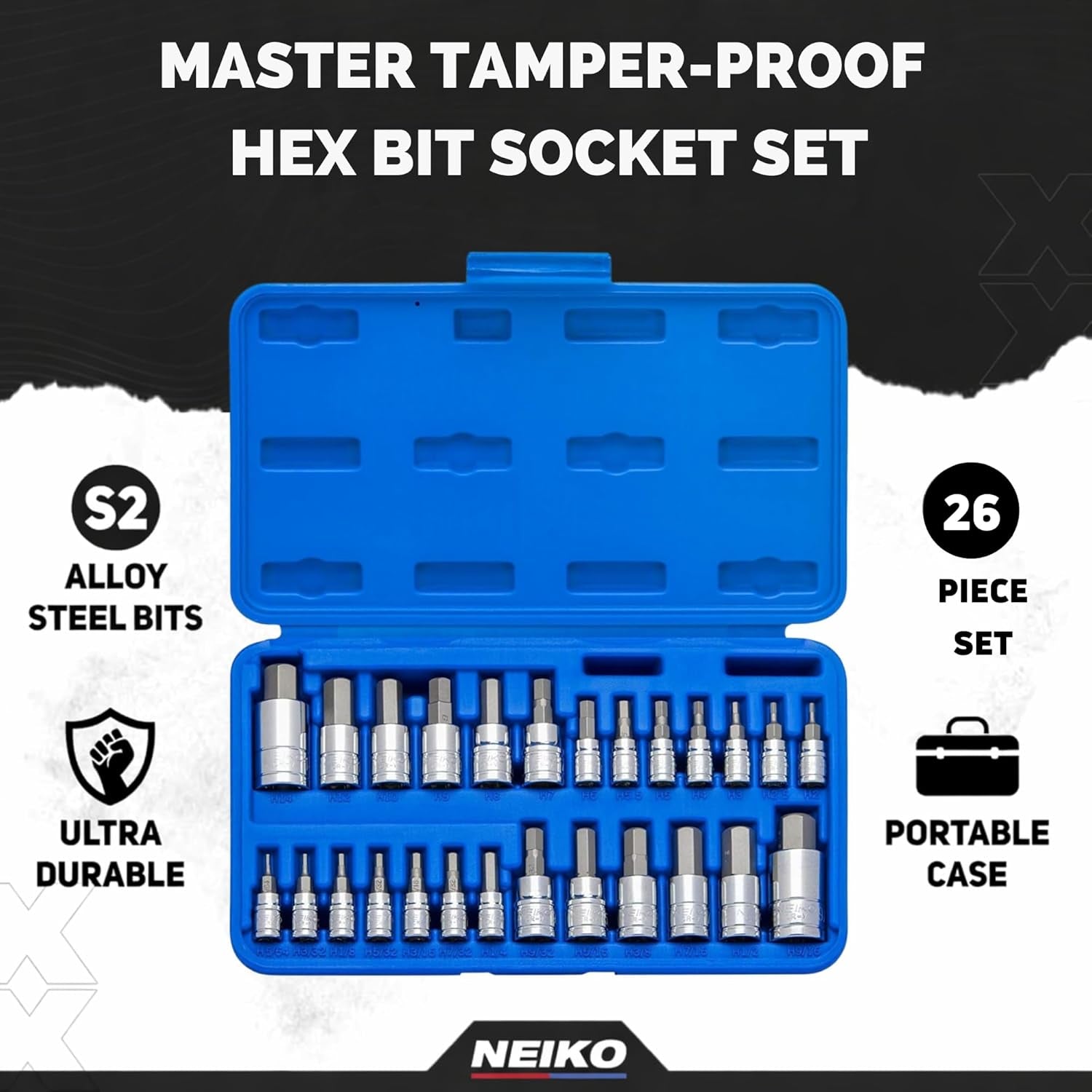 01144A Tamper-Proof Hex Bit Socket Set, 26 Pieces | SAE (5/64-9/16”) and Metric (2-14MM)