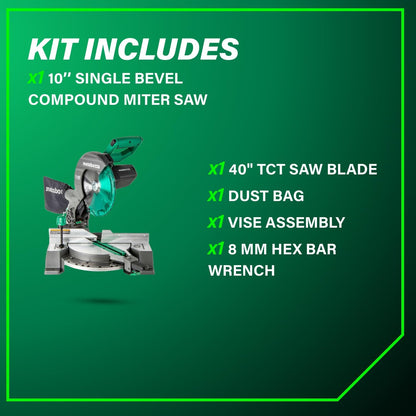 Metabo HPT 10-Inch Single Bevel Compound Miter Saw, 15-Amp Power Saw with Xact Cut Shadow Line, Precision Miter Angles, Single Bevel 0-45°, 40T TCT Miter Saw Blade, Lightweight Design, C10FCG2