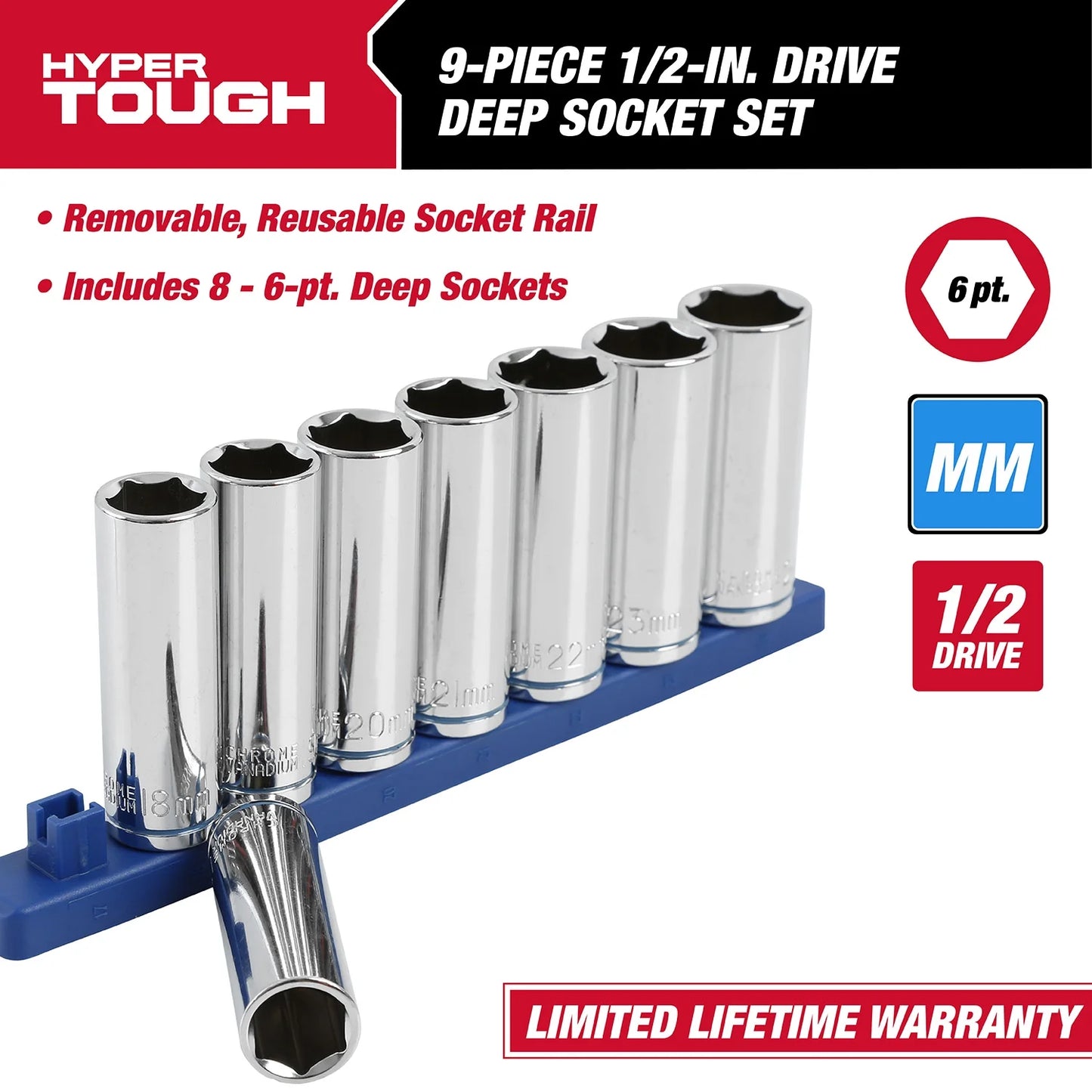 9-Piece,1/2-Inch Drive Deep Metric Socket Set, 5834