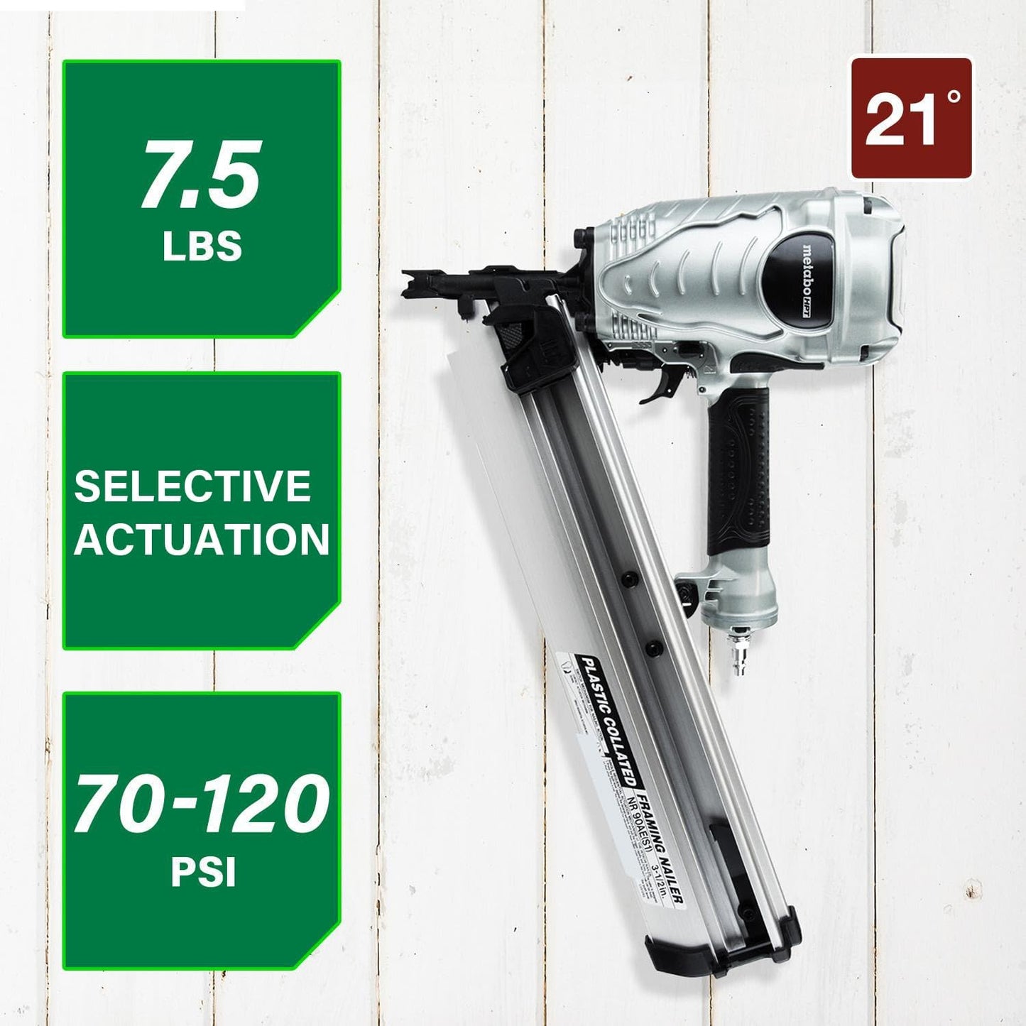 Metabo HPT Framing Nailer, Pro-Preferred Power Nailer for Flooring, Roof Decking, and More, Lightweight 7.5 Lbs Framing Tool for 21° 2" to 3-1/2" Plastic Collated Nails, NR90AES1 | Pro-Preferred Lightweight 7.5 Lbs Power Tool, Roof Decking and Flooring Use, Drives 2 to 3.5 Inch Nails