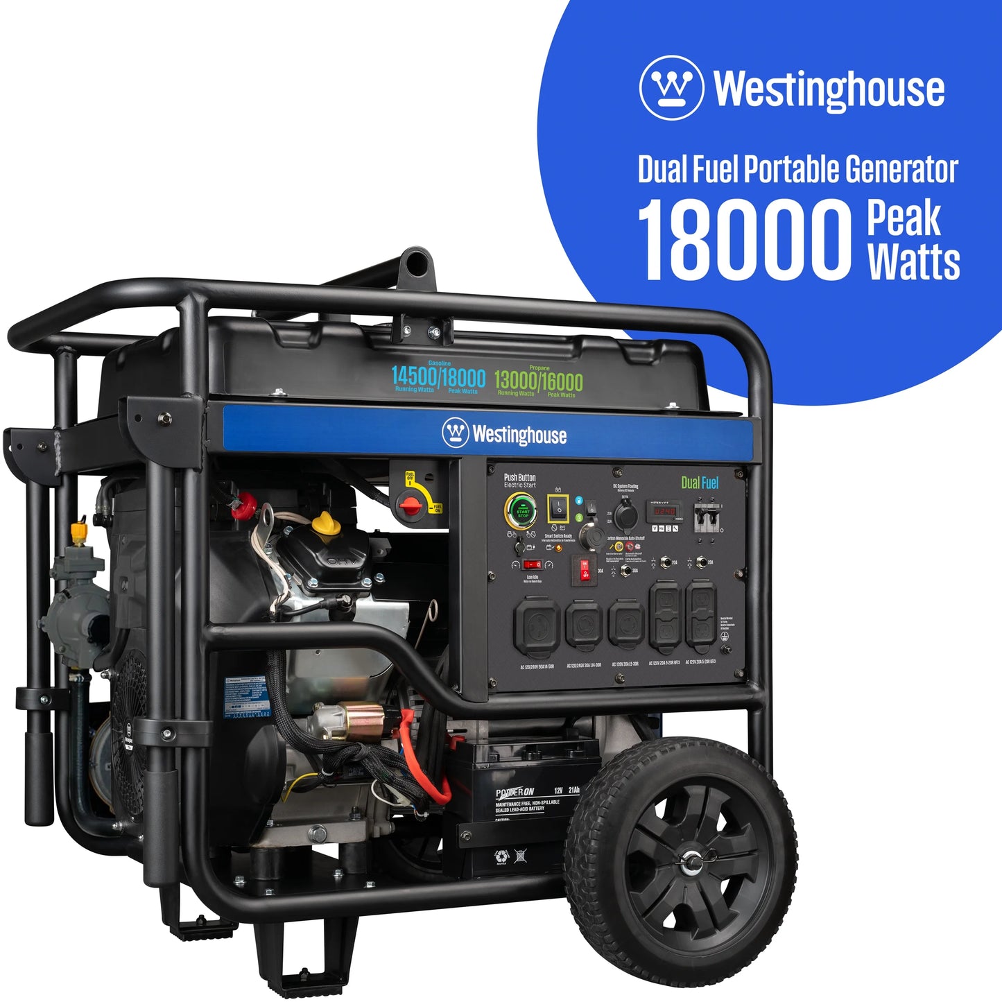 18000 Peak Watt Dual Fuel Home Backup Portable Generator, Remote Electric Start, Transfer Switch Ready, Gas & Propane Powered, CO Sensor