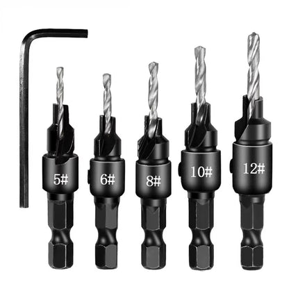 5Pc Woodworking Tapper Hexagon Shank Screw Countersunk Drill Bit Taper Drill Hole Drilling and Reaming Hardware Tool Set