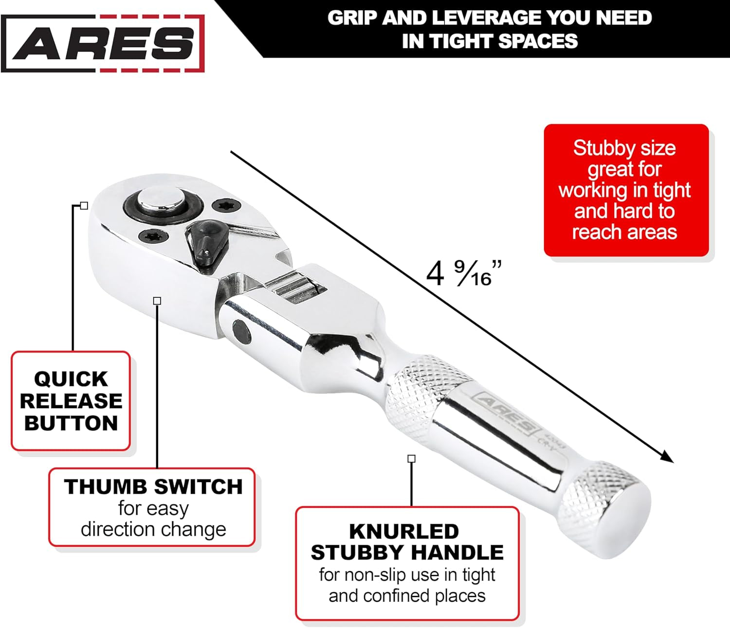 42043 Flex Head Stubby Ratchet, 1/4-Inch Drive 72-Tooth Ratchet | Premium Chrome Vanadium Steel Construction & Mirror Polish Finish