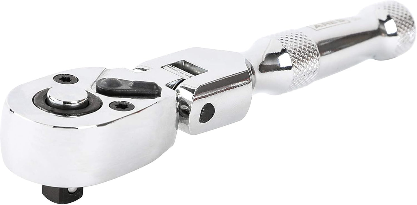 42043 Flex Head Stubby Ratchet, 1/4-Inch Drive 72-Tooth Ratchet | Premium Chrome Vanadium Steel Construction & Mirror Polish Finish