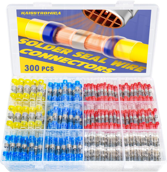 300PCS Solder Seal Wire Connectors Kit, 4 Colors/4 Sizes | 26-10 AWG, Wire Gauge Markings, Clear Sleeves, Hot-Melt Adhesive Rings, Compartment Storage, Automotive Wiring