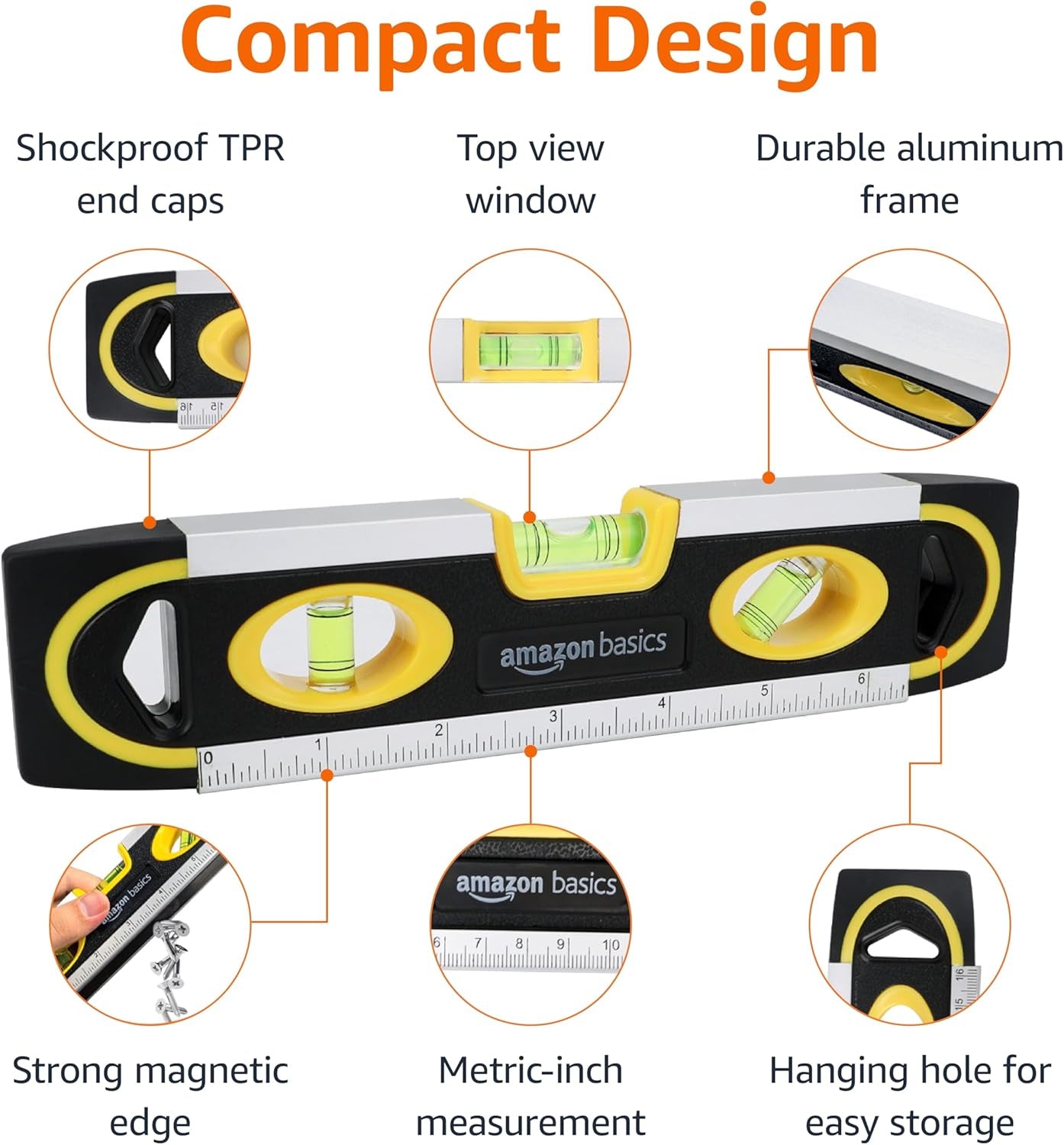 9-Inch Magnetic Torpedo Level and Ruler, Easy to Use, 180/90/45 Degree Bubbles, Lightweight, Black