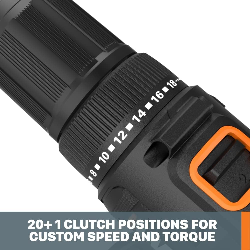 WORX Cordless Drill Driver, 20V 1/2-Inch, WX108L | 20+1 Clutch, 2-Speed Gearbox, All-Metal Gears and LED Light, 2.0Ah Battery and Charger Included, Powershare