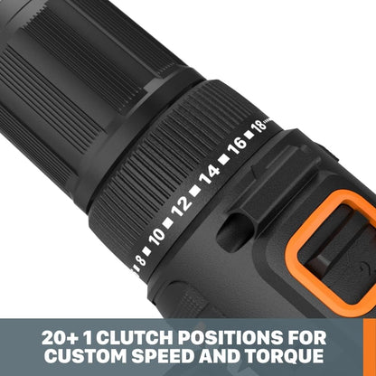 WORX Cordless Drill Driver, 20V 1/2-Inch, WX108L | 20+1 Clutch, 2-Speed Gearbox, All-Metal Gears and LED Light, 2.0Ah Battery and Charger Included, Powershare