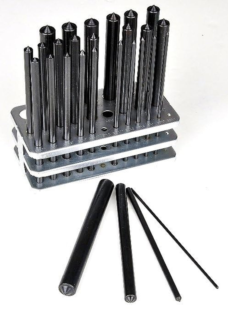 8600-0041 28-Piece Transfer Punch Set – 3/32" to 1/2" by 64Ths + 17/32", Precision Undersize .0025", Hardened Tool Steel, 4-7/8" Long, Black Oxide, Indexed Stand for Accurate Hole Transfer