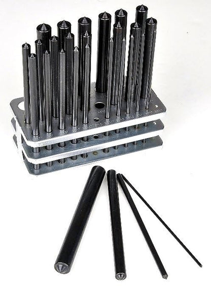8600-0041 28-Piece Transfer Punch Set – 3/32" to 1/2" by 64Ths + 17/32", Precision Undersize .0025", Hardened Tool Steel, 4-7/8" Long, Black Oxide, Indexed Stand for Accurate Hole Transfer