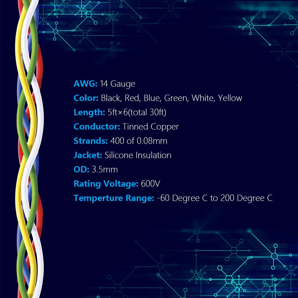 14 AWG Stranded Wire Spool 5Ft Each 6 Colors | Flexible 14 Gauge Silicone Hook up Wire Kit Electrical Tinned Copper Wire