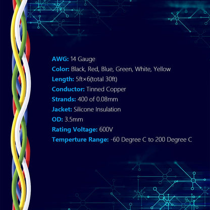 14 AWG Stranded Wire Spool 5Ft Each 6 Colors | Flexible 14 Gauge Silicone Hook up Wire Kit Electrical Tinned Copper Wire