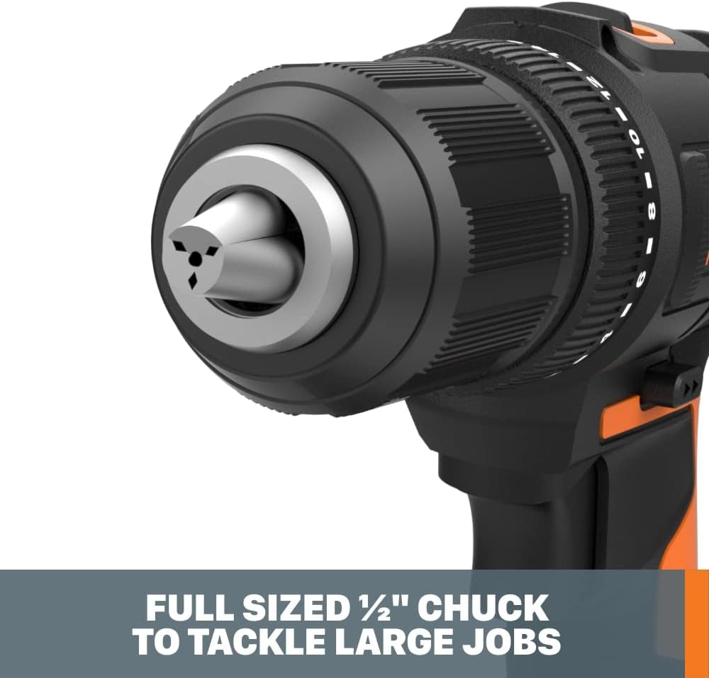 WORX Cordless Drill Driver, 20V 1/2-Inch, WX108L | 20+1 Clutch, 2-Speed Gearbox, All-Metal Gears and LED Light, 2.0Ah Battery and Charger Included, Powershare