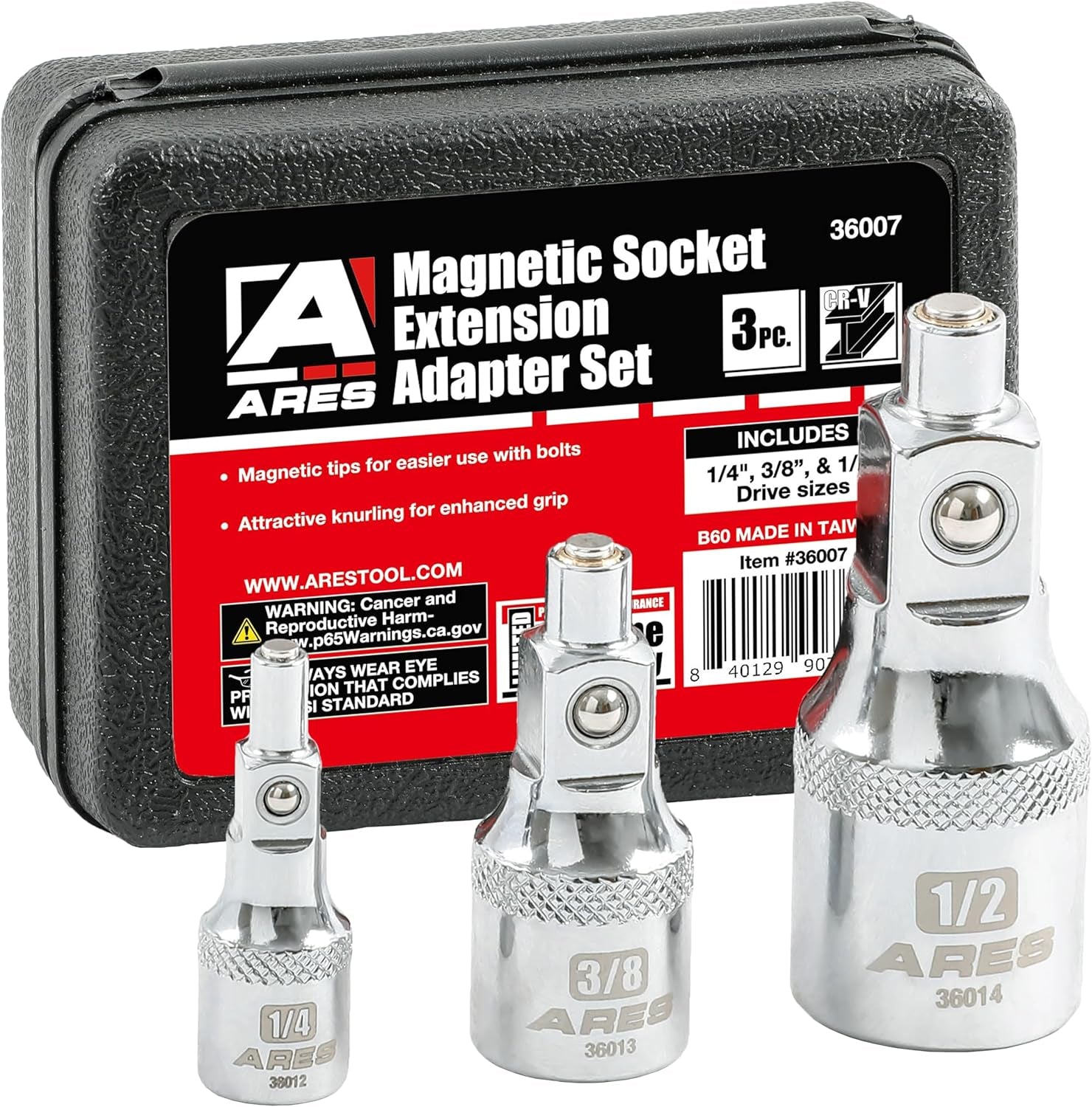 36007 3-Pc Magnetic Socket Extension Adapter Set - 1/4,3/8,1/2-In | Magnetic Tips for Use with Bolts