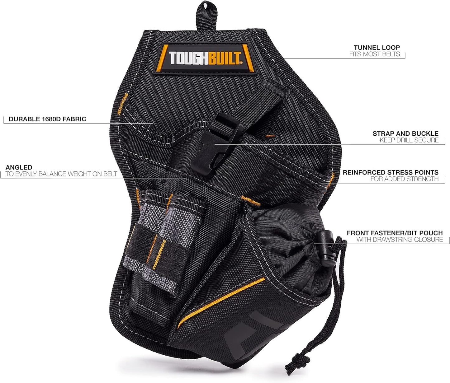- Drill Holster, Adjustable Safety Strap & Bit Pockets, TB-220-B | Cliptech Hub Included, Adjustable Drill Strap, Bit Storage Pockets, 1680D Construction, Secure Access, Jobsite Ready