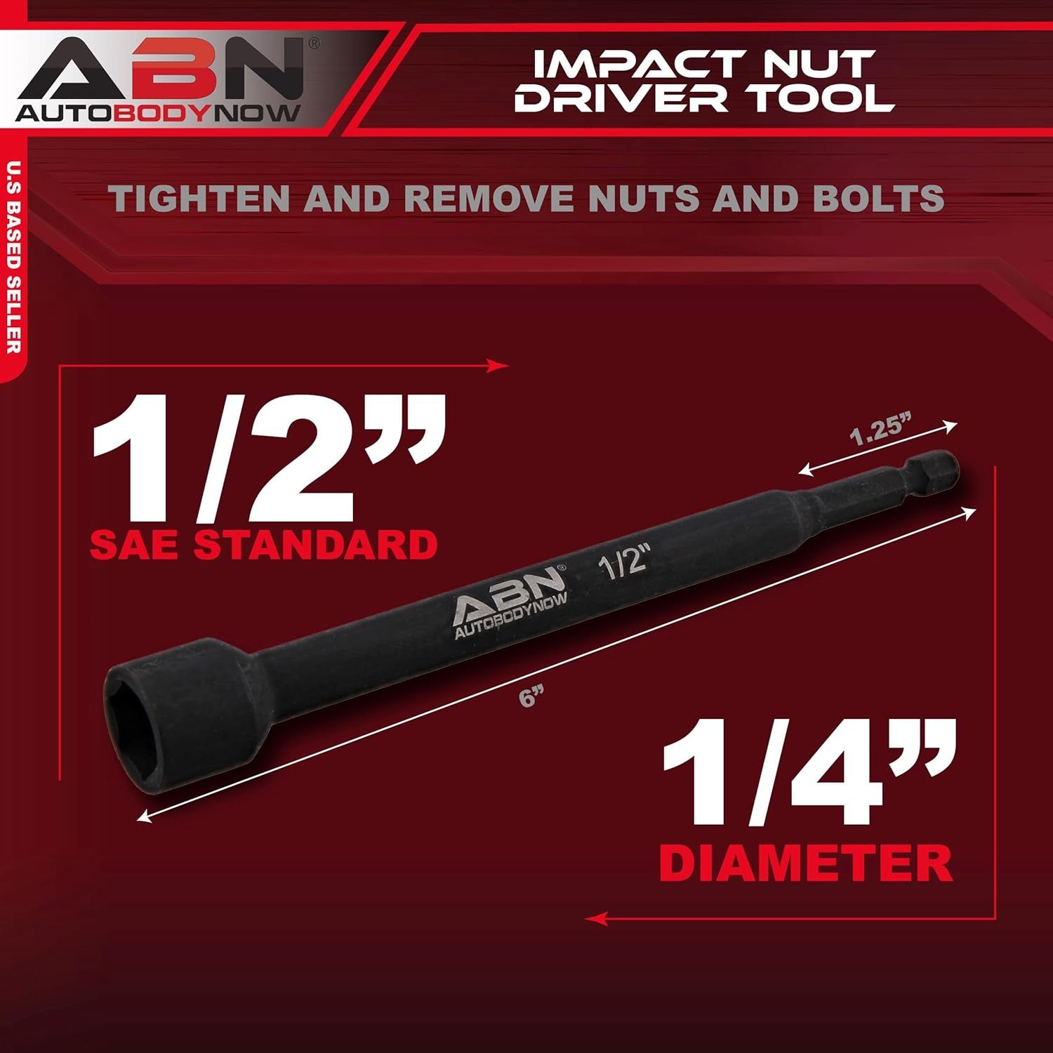 1/2 in Impact Nut Driver Tool - SAE 6 in Long Shank Nut Driver Bits Magnetic Tip Sockets, 1/4 in Hex Shank