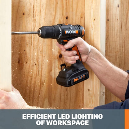 WORX Cordless Drill Driver, 20V 1/2-Inch, WX108L | 20+1 Clutch, 2-Speed Gearbox, All-Metal Gears and LED Light, 2.0Ah Battery and Charger Included, Powershare