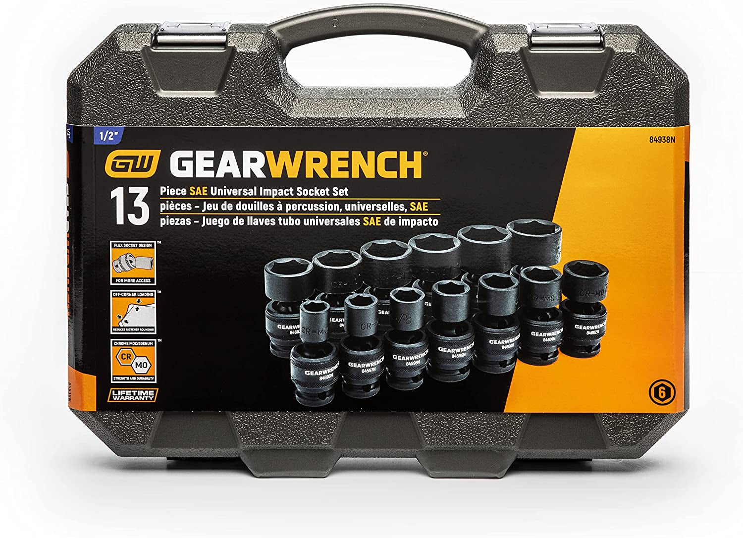 GEARWRENCH 13 Pc. 1/2" Drive 6 Pt. Standard Universal Impact Socket Set, SAE - 84938N