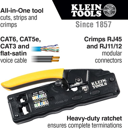 Klein Tools VDV226-107 Compact Ratcheting Modular Data Cable Crimper/Wire Stripper/Wire Cutter, CAT6, CAT5, CAT3, Flat-Satin Voice Cable
