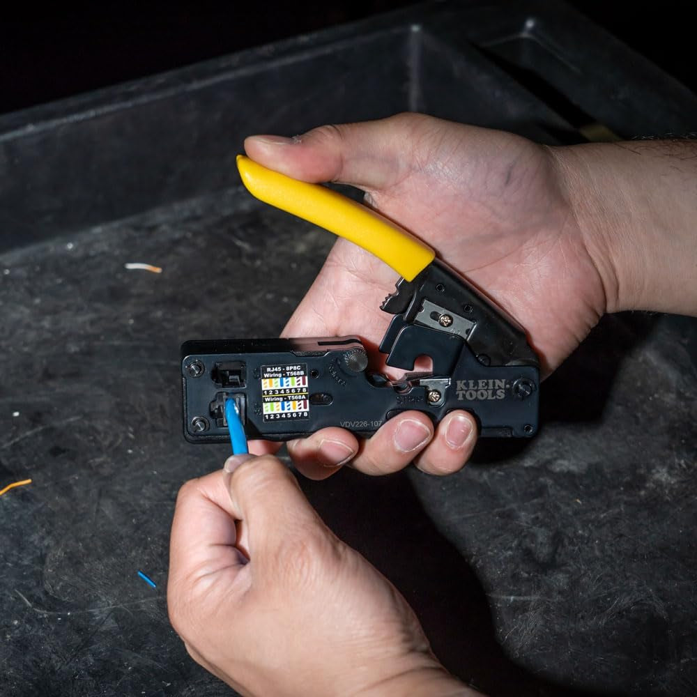 Klein Tools VDV226-107 Compact Ratcheting Modular Data Cable Crimper/Wire Stripper/Wire Cutter, CAT6, CAT5, CAT3, Flat-Satin Voice Cable