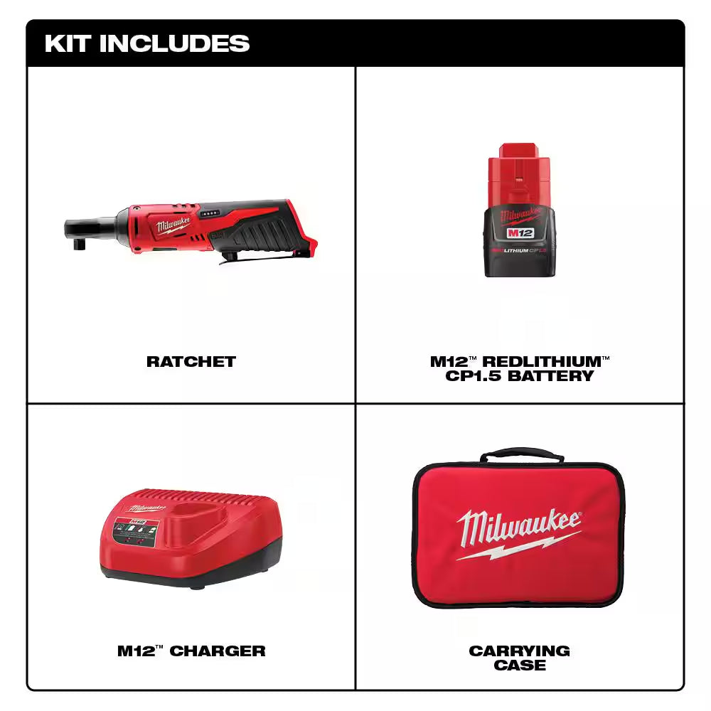 M12 12V Lithium-Ion Cordless 3/8 In. Ratchet Kit with One 1.5 Ah Battery, Charger and Tool Bag
