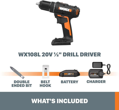 WORX Cordless Drill Driver, 20V 1/2-Inch, WX108L | 20+1 Clutch, 2-Speed Gearbox, All-Metal Gears and LED Light, 2.0Ah Battery and Charger Included, Powershare