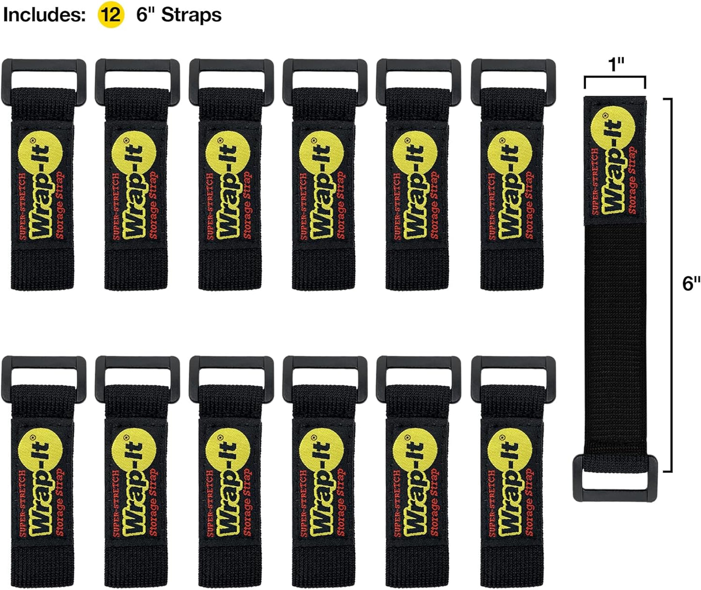 Super-Stretch  Straps, 6" (12 Pack) - Elastic Hook and Loop Cinch Straps - Extension Cord Organizer, Hose Strap, Cable Straps, Tool Strap, Cord Wrap, Cord Keeper and Cable Storage